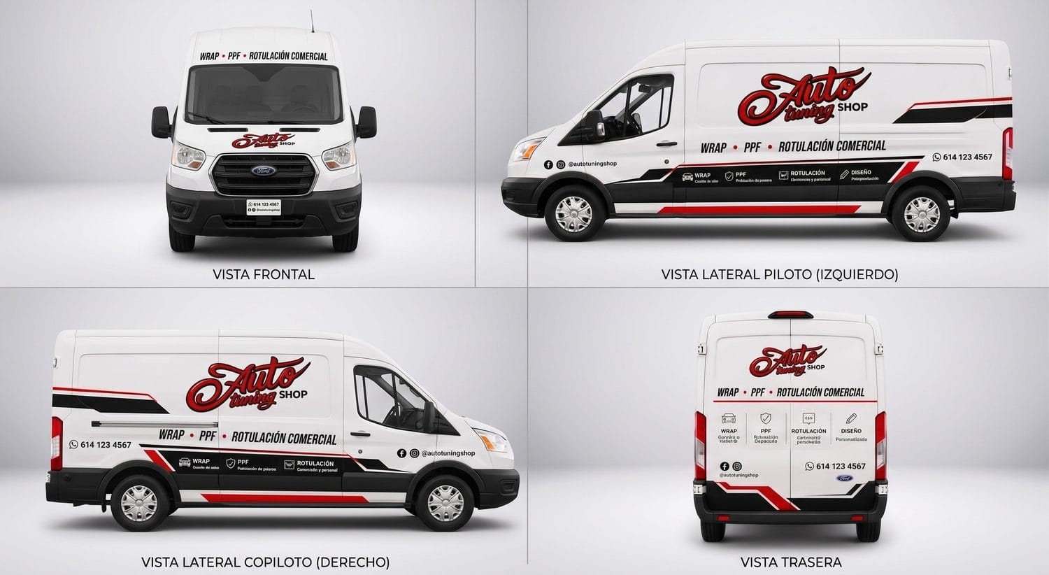 Mockup de Rotulación Personalizada en van, vista frontal, lateral y trasera